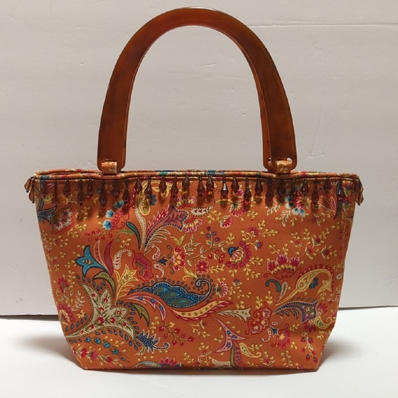 Talbots Purse Paisley faux Tortoise Shell handles & Beads - Picture 3 of 13